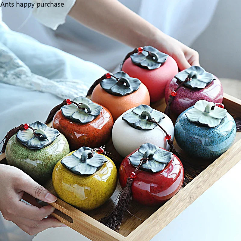 Axya Persimmon Tea Storage Jar with Cover - Small Sealed Ceramic Canister