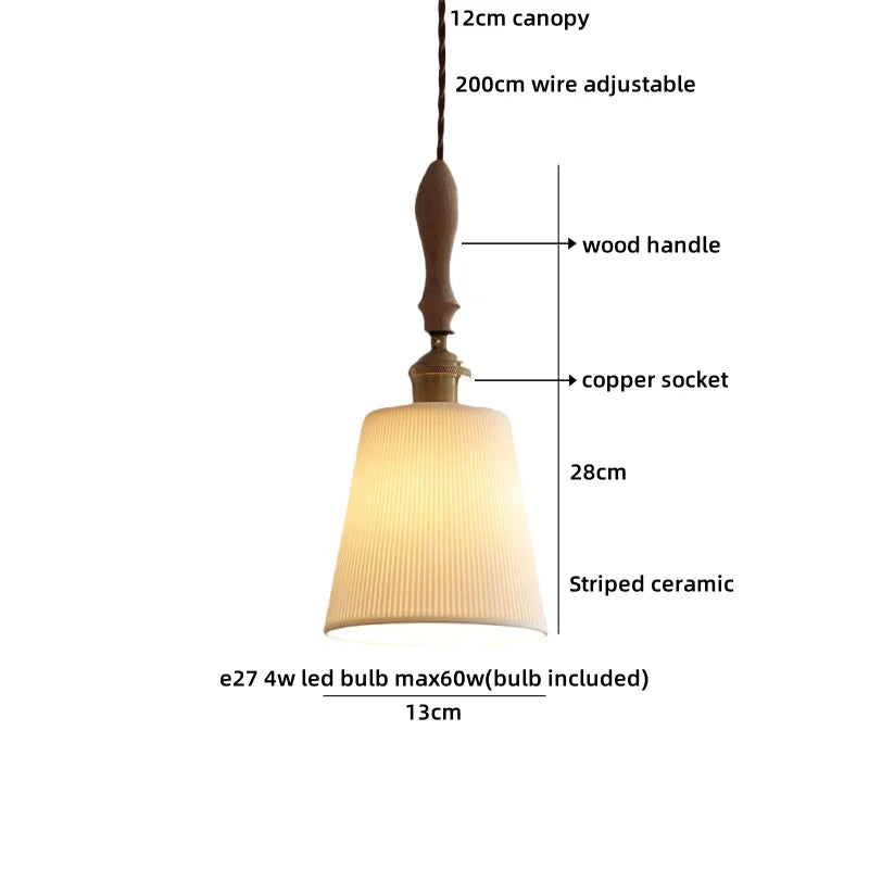 Axyaa Ceramic Pendant Light Wood White LED Lamp for Living Room & Cafe