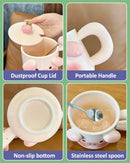 Axyaa Kawaii Big Ears Ceramic Mug with Lid, Spoon | Cute Cartoon Coffee Cup