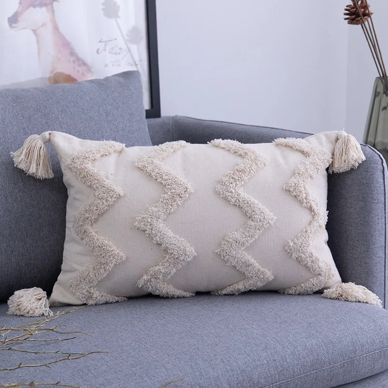 Axyaa Beige Boho Tufted Geometric Cushion Cover for Chic Home Decor