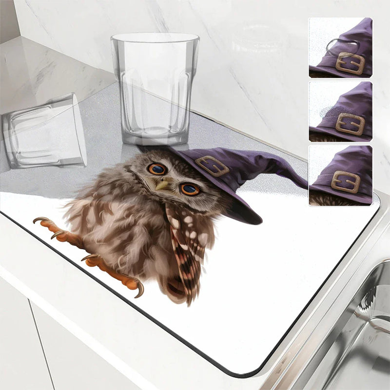 Axyaa Halloween Owl Hat Kitchen Draining Mat: Absorbent, Anti-slip, Quick Dry Pad