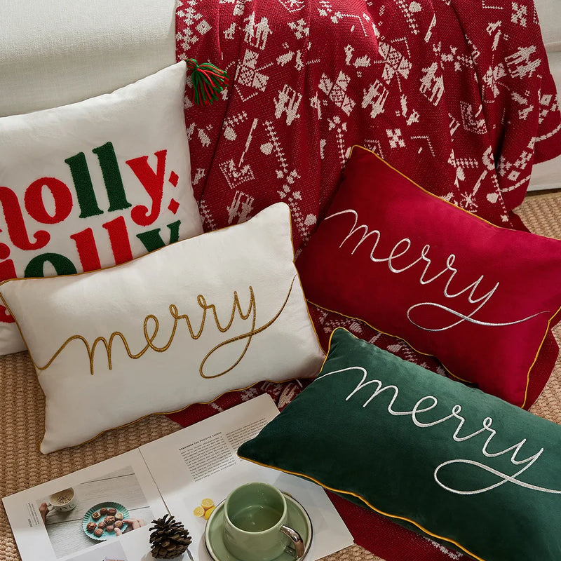 Axyaa Christmas Letter Embroidery Lumbar Pillow Cover in White Red Green