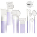 Axyaa Purple Silver Stainless Steel Cutlery Set - 24 Pcs Flatware Dinnerware Tableware Set