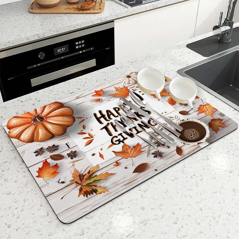 Thanksgiving Watercolor Coffee Drying Mat by Axyaa - Non-Slip Absorbent Kitchen Mat