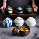 Axyaa Ceramic Soup & Dessert Bowl with Lid - Creative Pattern, Thick & Durable