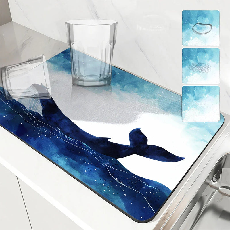 Axyaa Ocean Whales Sailing Stars Absorbent Drying Mat for Kitchen Tables