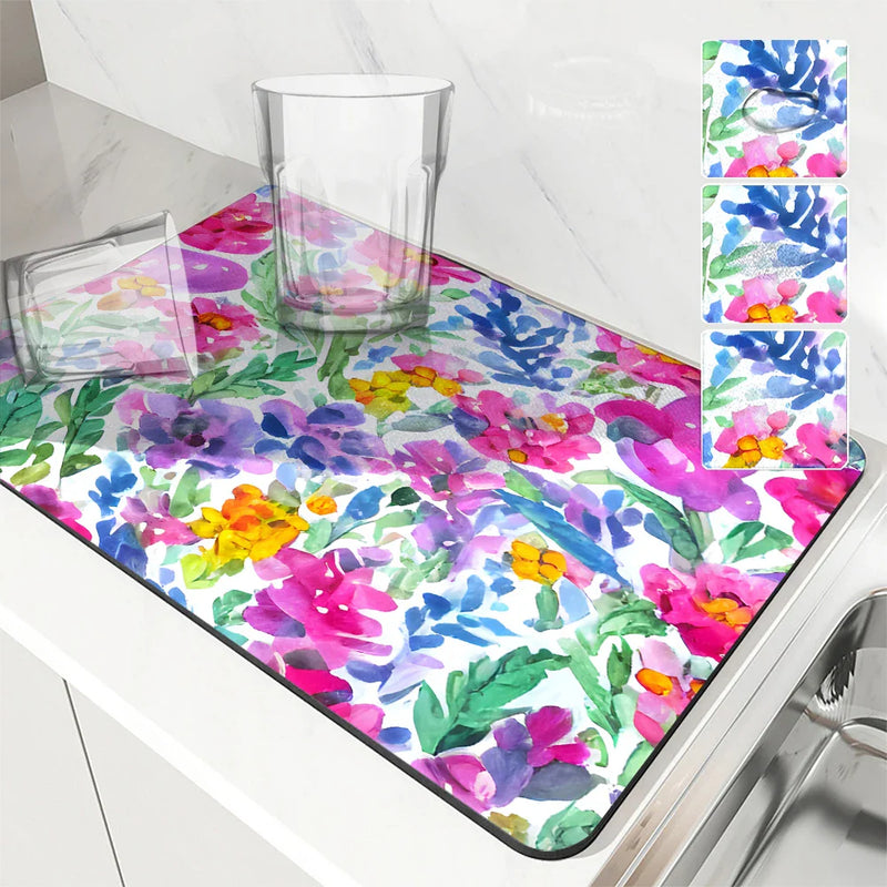Axyaa Watercolor Plants Coffee Cup Drying Mat, Non-Slip Absorbent Kitchen Drain Mat