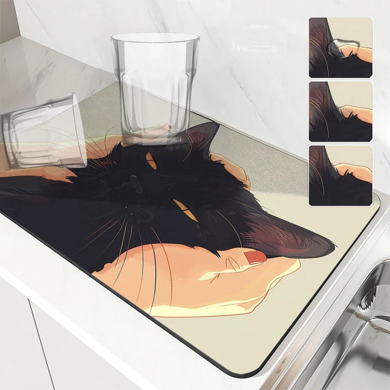 Axyaa Cartoon Cat Kitchen Drying Mat - Quick Dry Drain Pad for Faucet