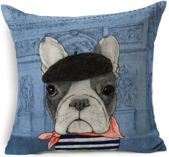 Square Linen Pug French Bulldog Pillow Cover by Axyaa