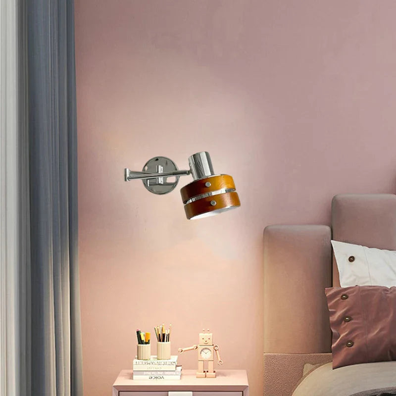 Axyaa Chrome & Wood Long Arm Wall Sconce - E27 Bulb - Ideal for Reading, Study, Bedroom, Office