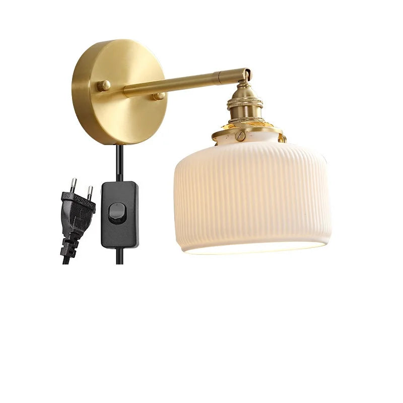 Axyaa Ceramic LED Wall Lamp with Pull Chain Switch - Modern White Black Copper Mirror Light