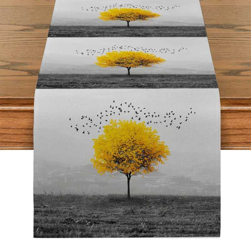 Axyaa Yellow Tree Birds Table Runner for Kitchen Dining Wedding Party