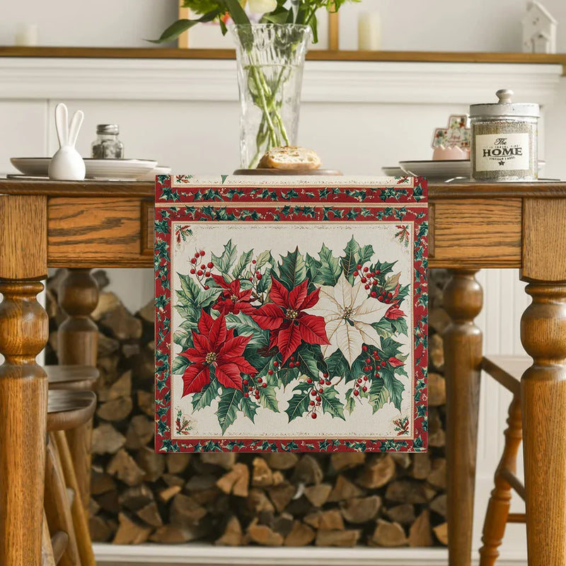 Axyaa Christmas Poinsettia Holly Table Runner for Rustic Dining Decor