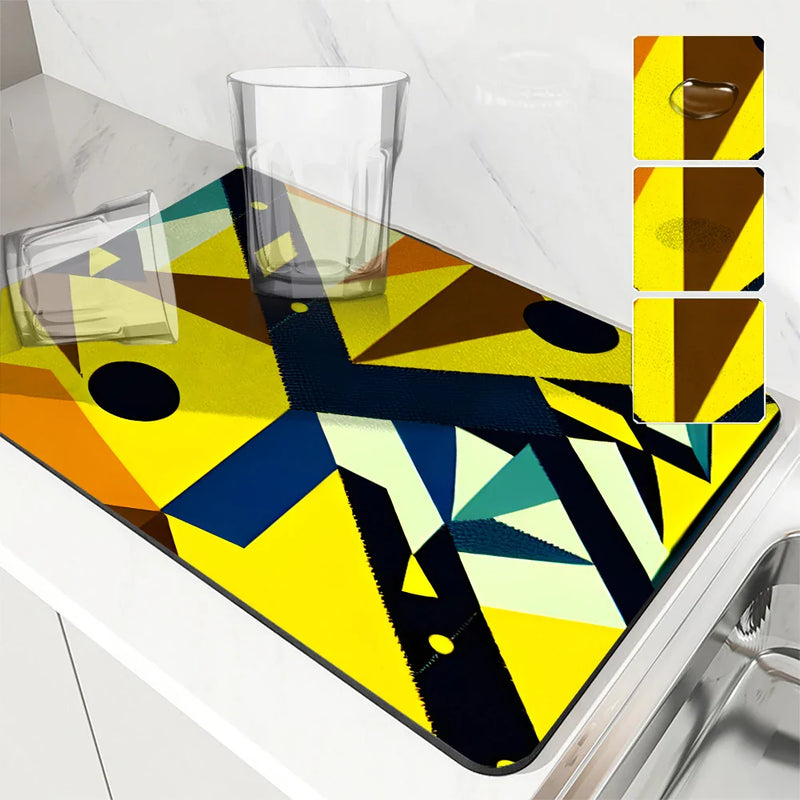 Axyaa Watercolor Geometry Absorbent Kitchen Drying Mat