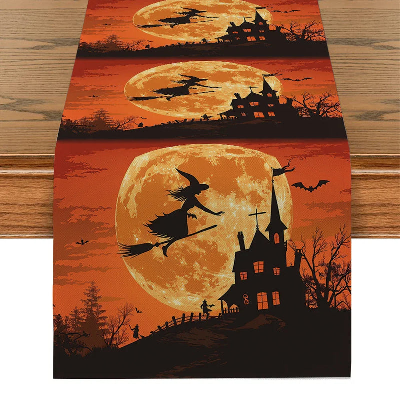 Axyaa Halloween Magic Broom Castle Table Runner - Farmhouse Wedding Party Decor