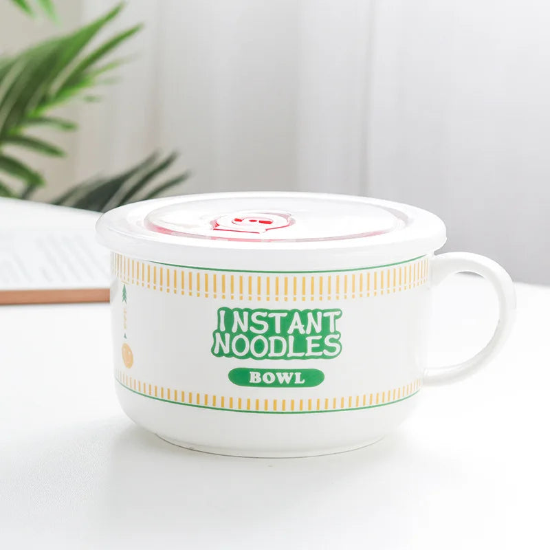 Axyaa Ceramic Noodle Bowl with Lid - Large Capacity Soup & Salad Lunch Box