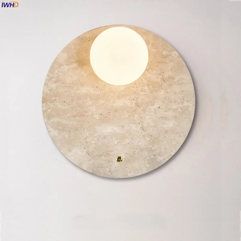 Axyaa White Glass LED Wall Light - Yellow Travertine Button Switch - Wabi Sabi Design