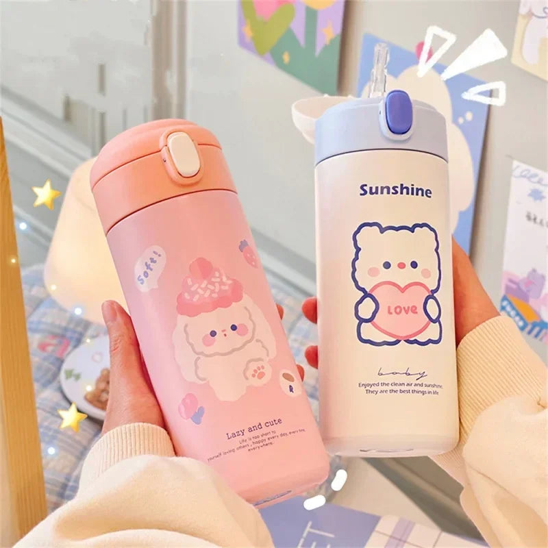 Axyaa 380ml Stainless Steel Vacuum Flask with Straw - Cute Thermal Insulation Water Bottle