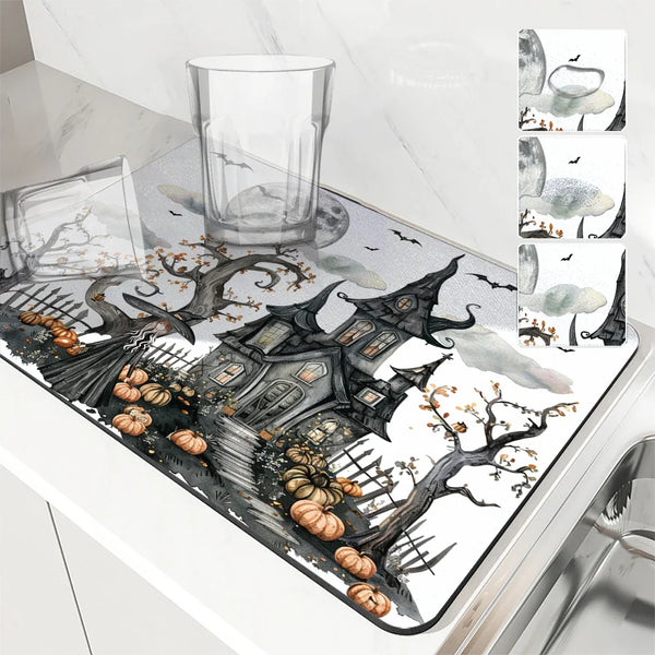 Axyaa Halloween Watercolor Draining Mat - Absorbent & Quick Dry Kitchen/Bathroom Drain Pad