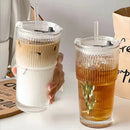 Axyaa Stripe Glass Cup with Lid & Straw, 600ml, Drinkware for Coffee, Juice, Milk, Tea