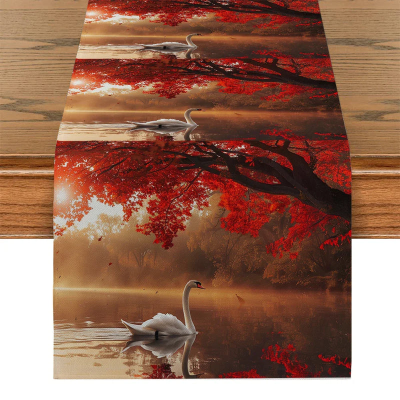 Axyaa Red Maple Swan Lake Table Runner for Home Decoration