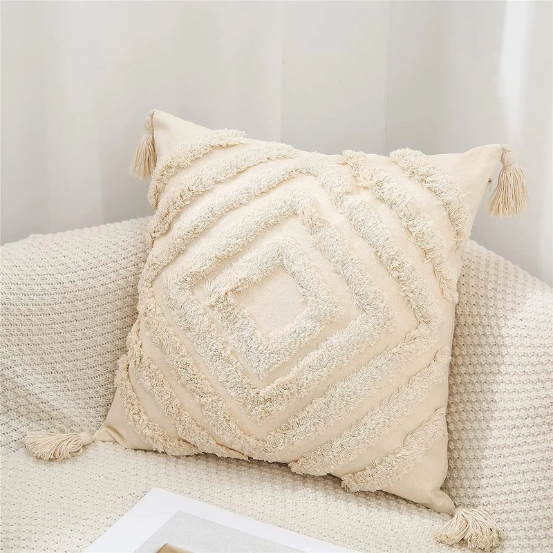 Geometric Tufted Boho Style Pillow Cover with Tassel, 100% Cotton Cushion Cover