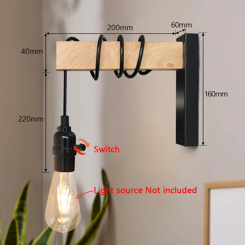 Axyaa Retro Iron Wood Wall Sconce Indoor Lamp -  E27 Bedside Dining Room Switch