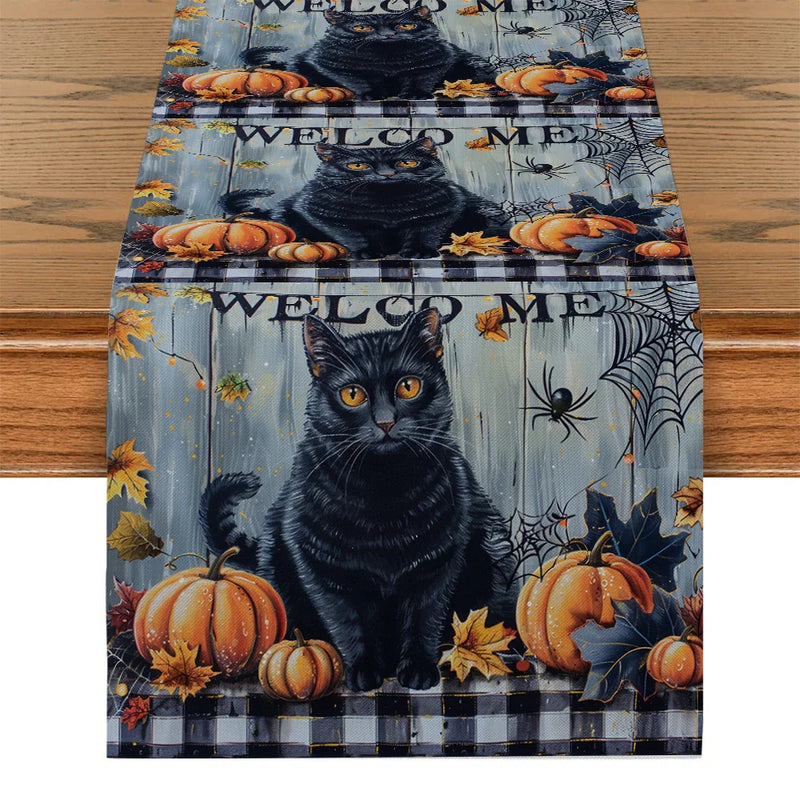 Axyaa Halloween Plaid Pumpkin Cat Spider Table Runner for Home Wedding Party Decor