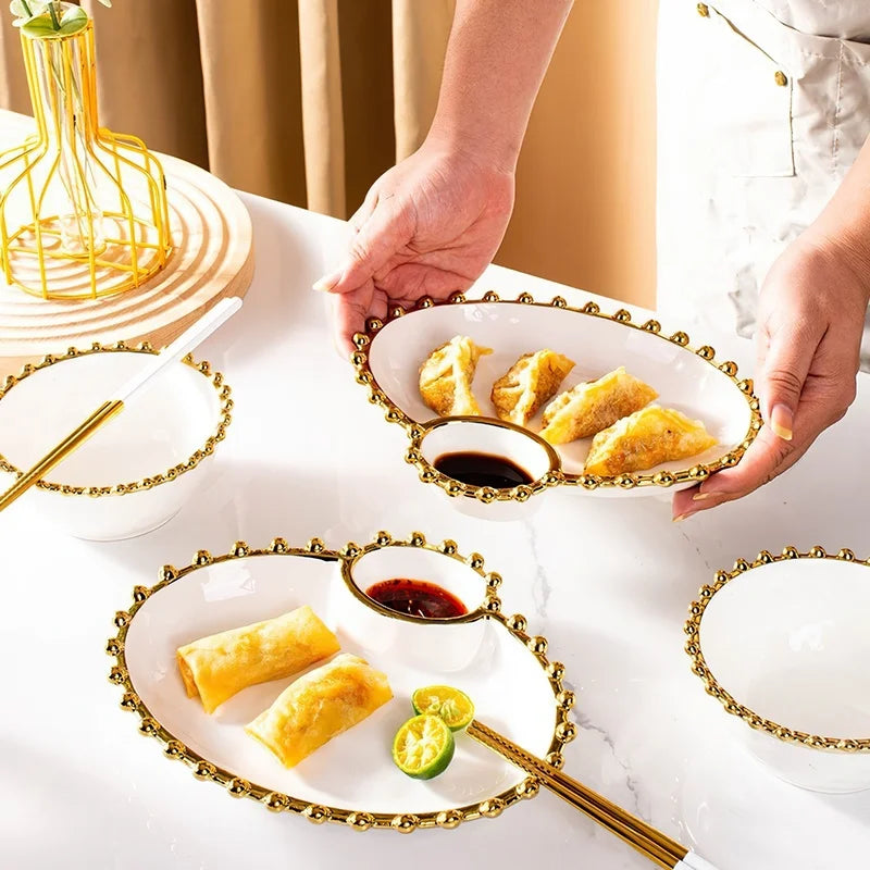 Axya Phnom Penh Beads Ceramic Snack Plate and Porcelain Rice Bowl Set