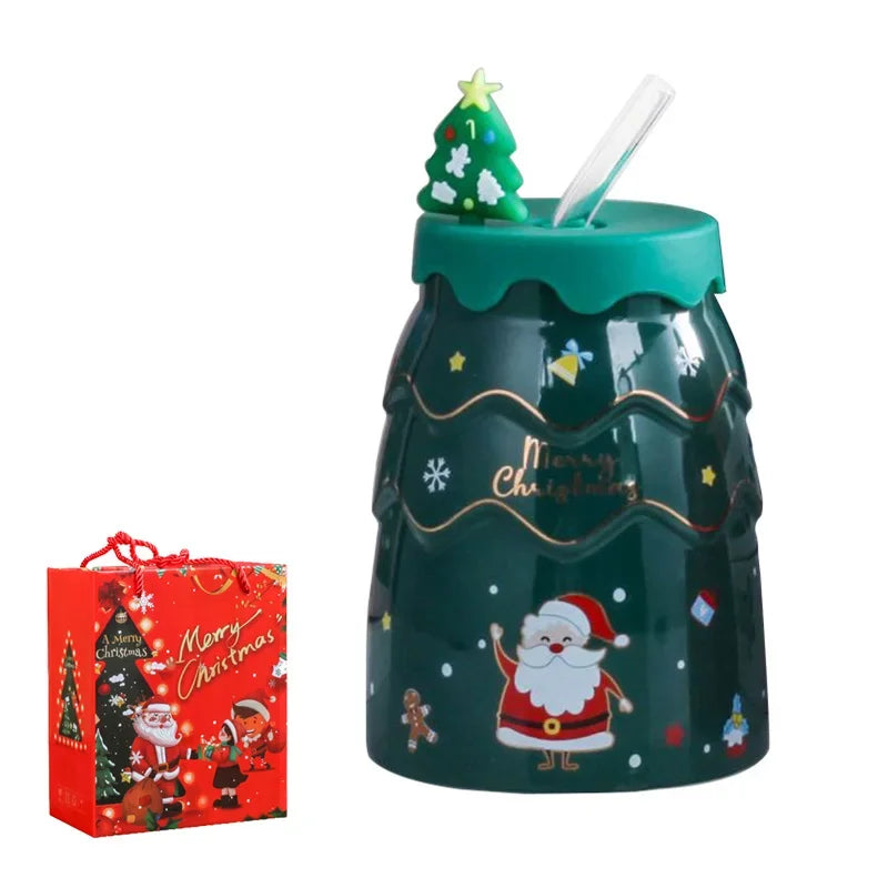 Axyaa Christmas Tree Ceramic Mug Set - Santa Claus Coffee Cup with Lid, Straw