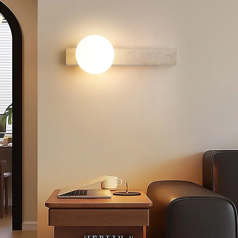 Axyaa White Glass LED Wall Sconce Lamp Yellow Travertine Stone Mirror Light