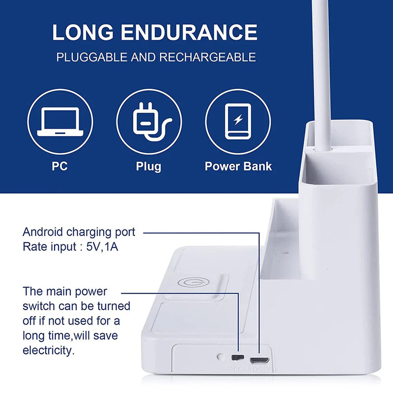 Rechargeable Desk Lamp with Pen Holder and USB Charging