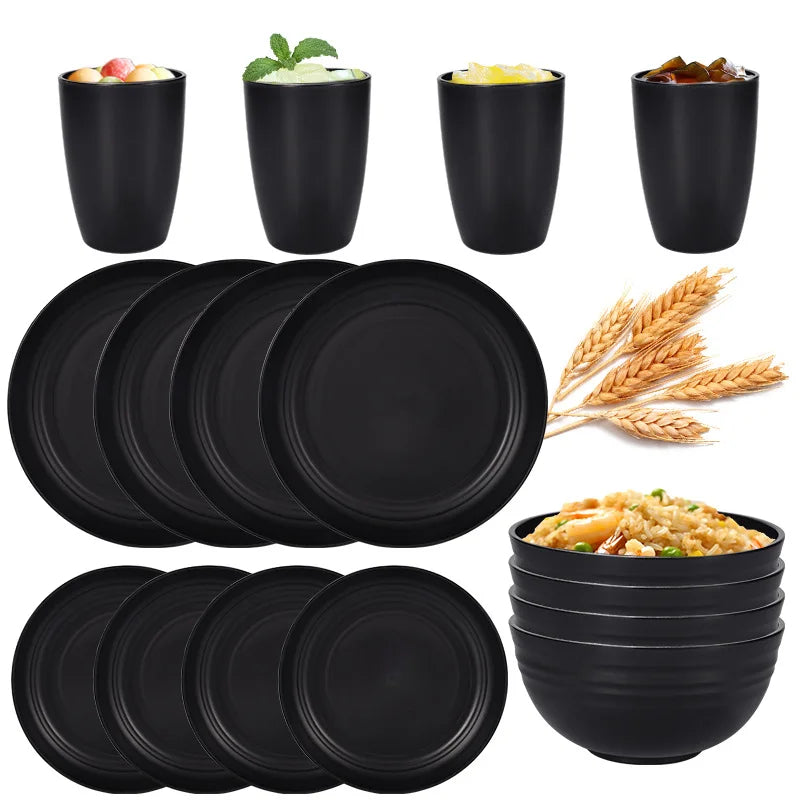 Axyaa 16pc Black PP Cutlery & Plate Set for Outdoor Camping and Parties