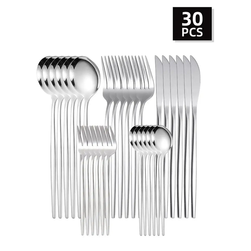 Axyaa 30pc Stainless Steel Cutlery Set with Steak Knives, Fruit Forks, and Dessert Spoons