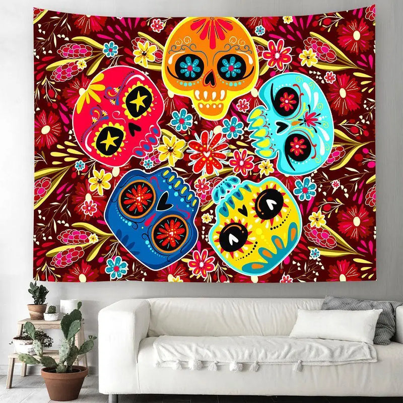 Axyaa Day of the Dead Skull Tapestry: Boho Room Decor Wall Hanging