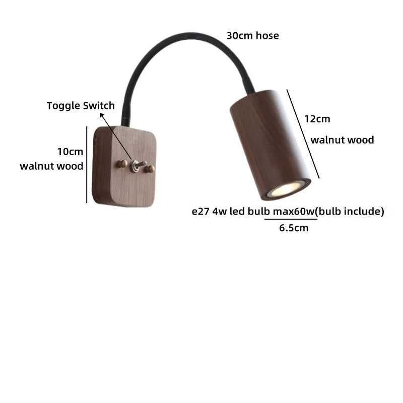 Axyaa Walnut Wood LED Wall Lamp 30cm Black Hose, Modern Nordic Design