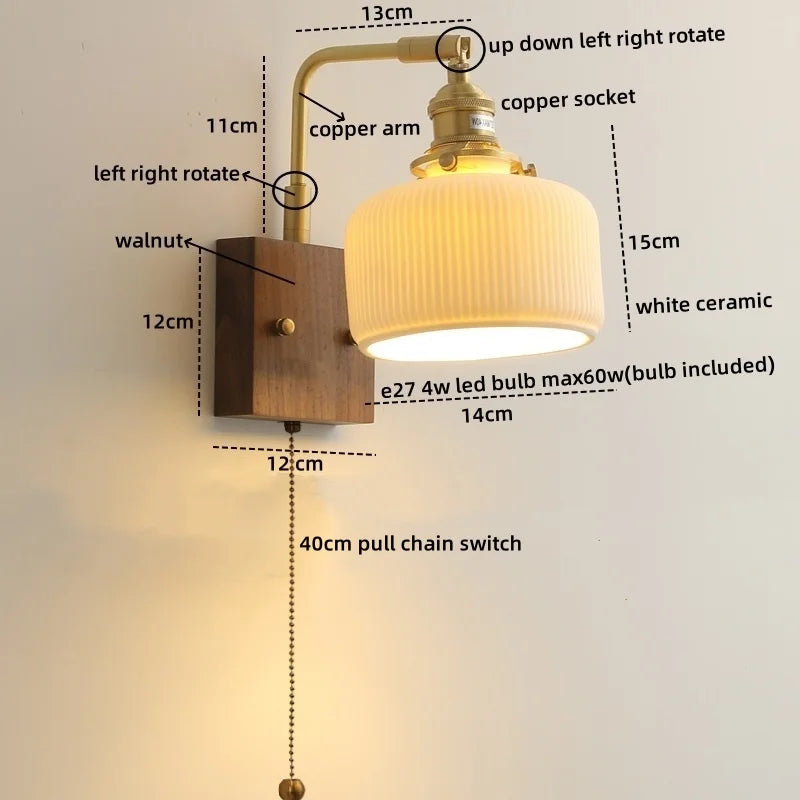 Axyaa Walnut Ceramic LED Wall Lamp with Pull Chain Switch