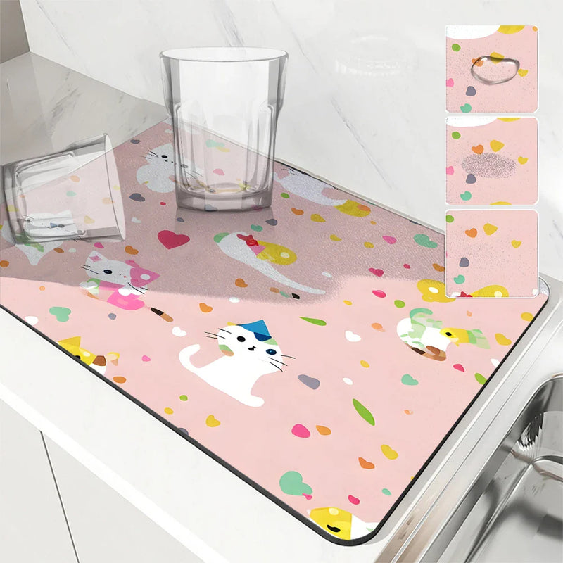 Axyaa Watercolor Polka Kitchen Drying Mat - Quick Dry Dish Draining Pad