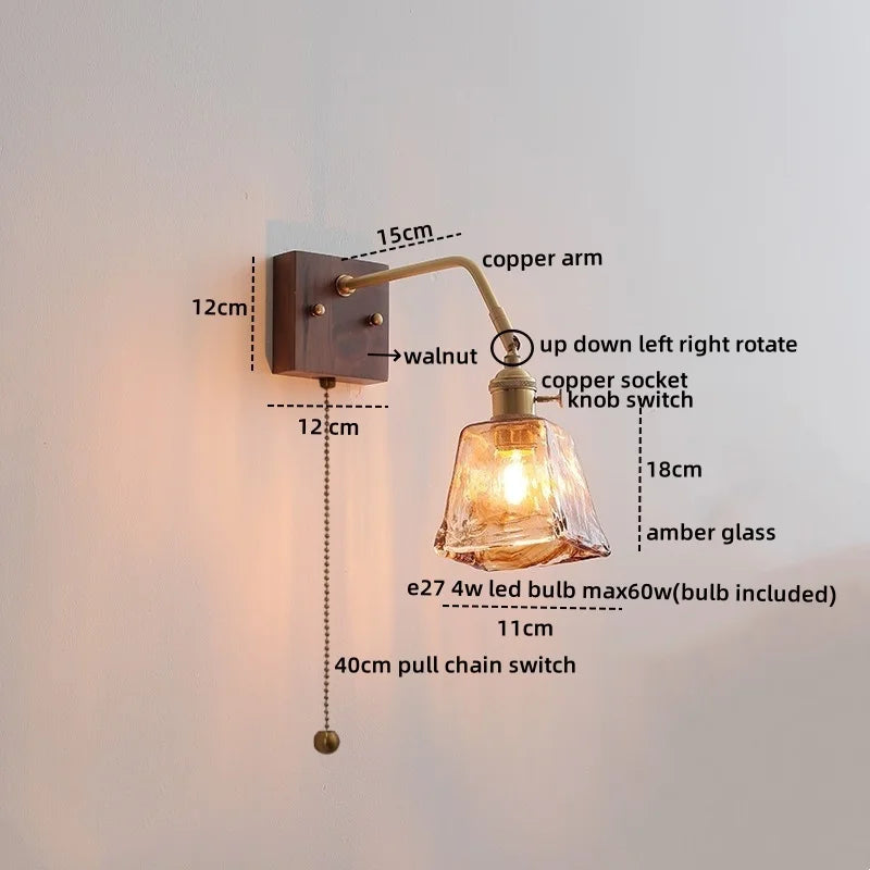 Axyaa Glass Walnut LED Wall Light Fixtures for Modern Home Decor