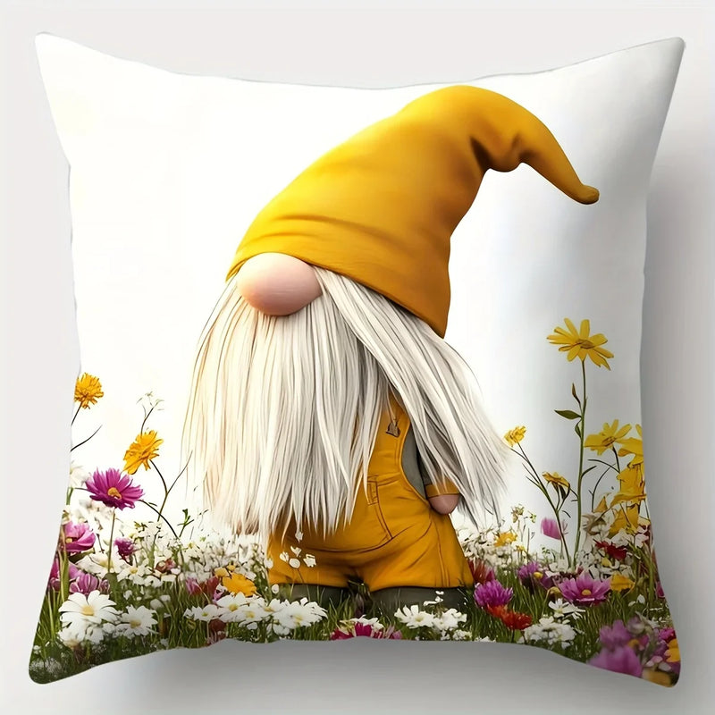 Axyaa Whimsical Gnome & Floral Pillow Covers, 45x45cm, Vibrant Garden Scene, Polyester