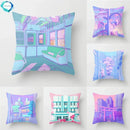 Pink Anime City Print Polyester Pillowcase 45x45cm for Bedroom Living Room by Axyaa.