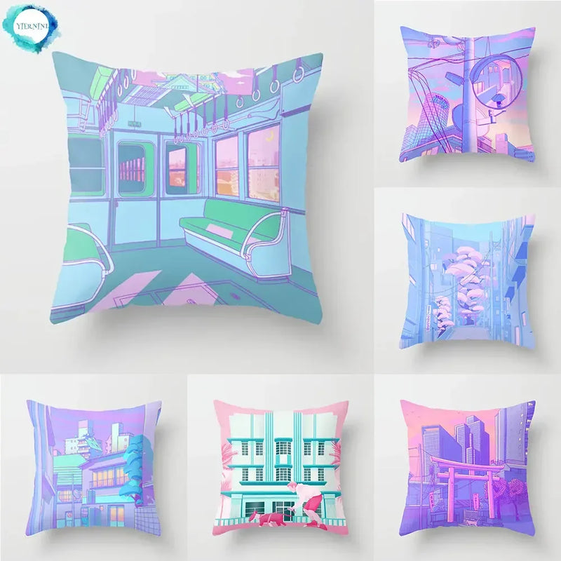 Pink Anime City Print Polyester Pillowcase 45x45cm for Bedroom Living Room by Axyaa.