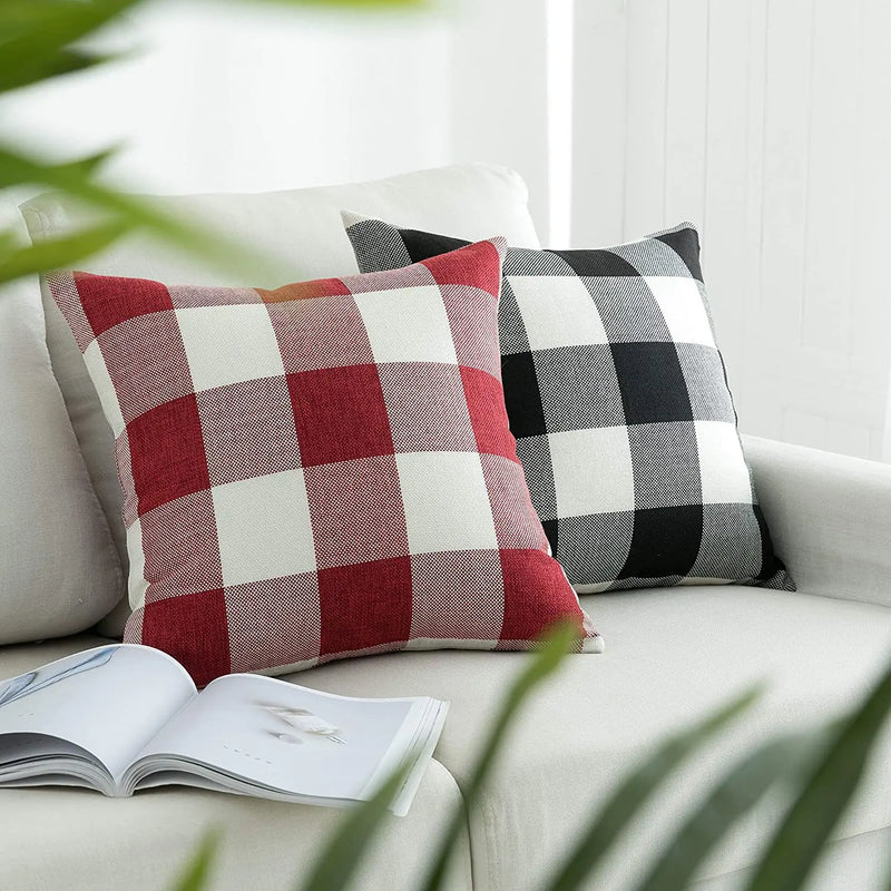 Axyaa Buffalo Plaid Check Throw Pillow Covers in Blue White Orange Ivory.