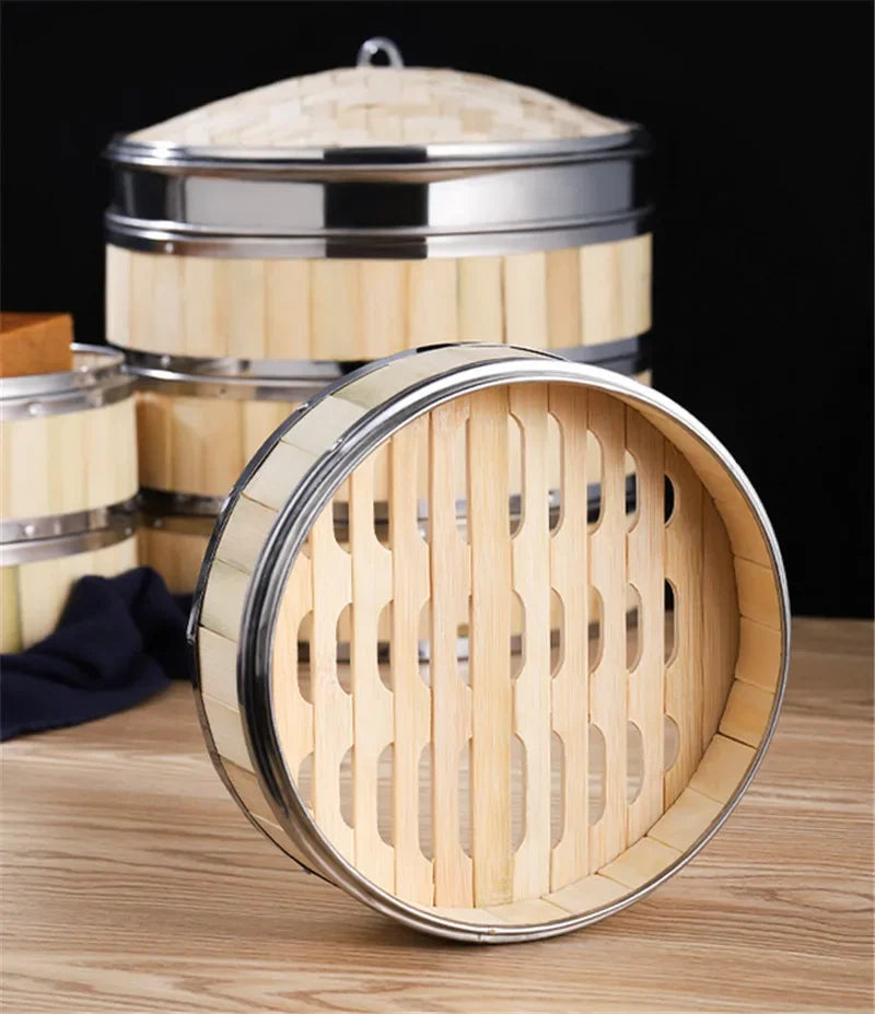 Axya Bamboo Steamer Basket with Stainless Steel Banding - Bun Dumplings DimSum Cage