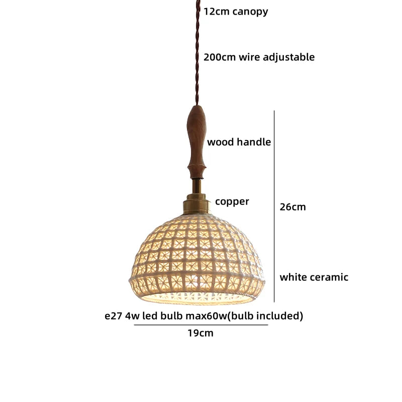 Axyaa Ceramic Pendant Light Wood White LED Lamp for Living Room & Cafe