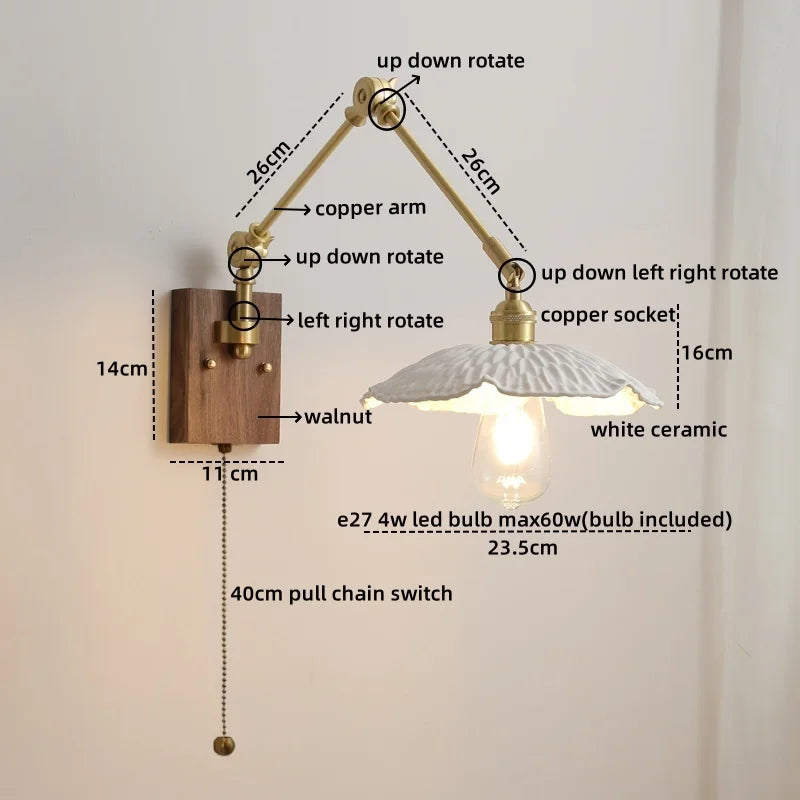 Axyaa Ceramic Copper Swing Arm LED Wall Light for Home Decor