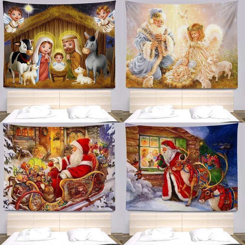 Axyaa Santa Claus and Kids Wall Tapestry for Festive Living Room Decor