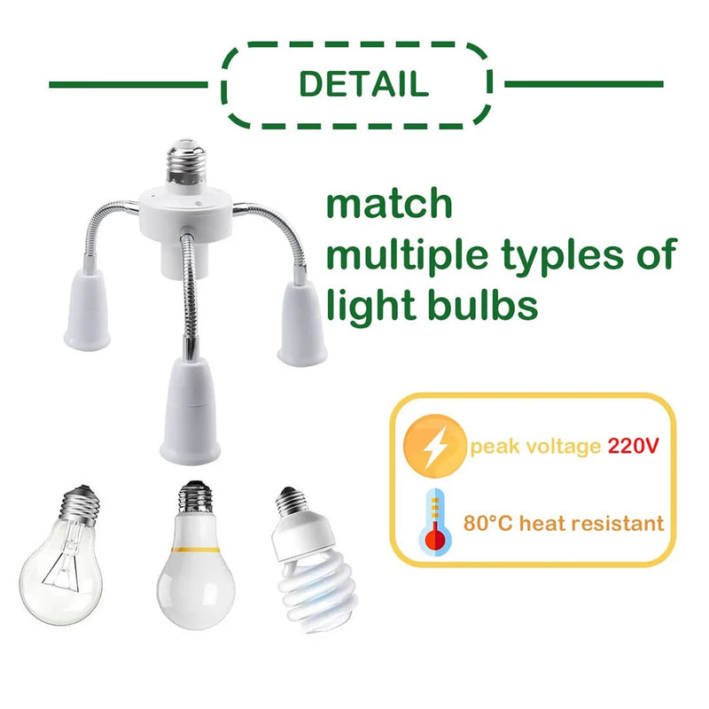 Axyaa 4-in-1 E27 to E26 Light Socket Splitter with Flexible Extension Hose