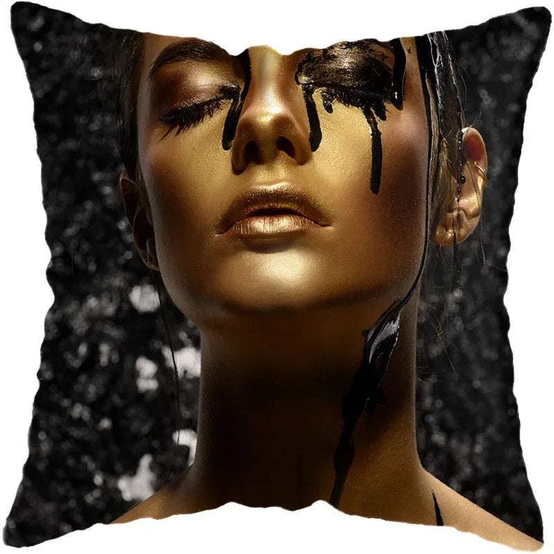 Axyaa Black Gold African Lady Woman Art Deco Pillowcase