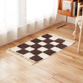 Axyaa Nordic Cotton Linen Tassel Rug - Handmade Checkerboard Tufted Mat for Living Room
